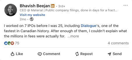 Bhavish Beejan's post on working 7 IPOs